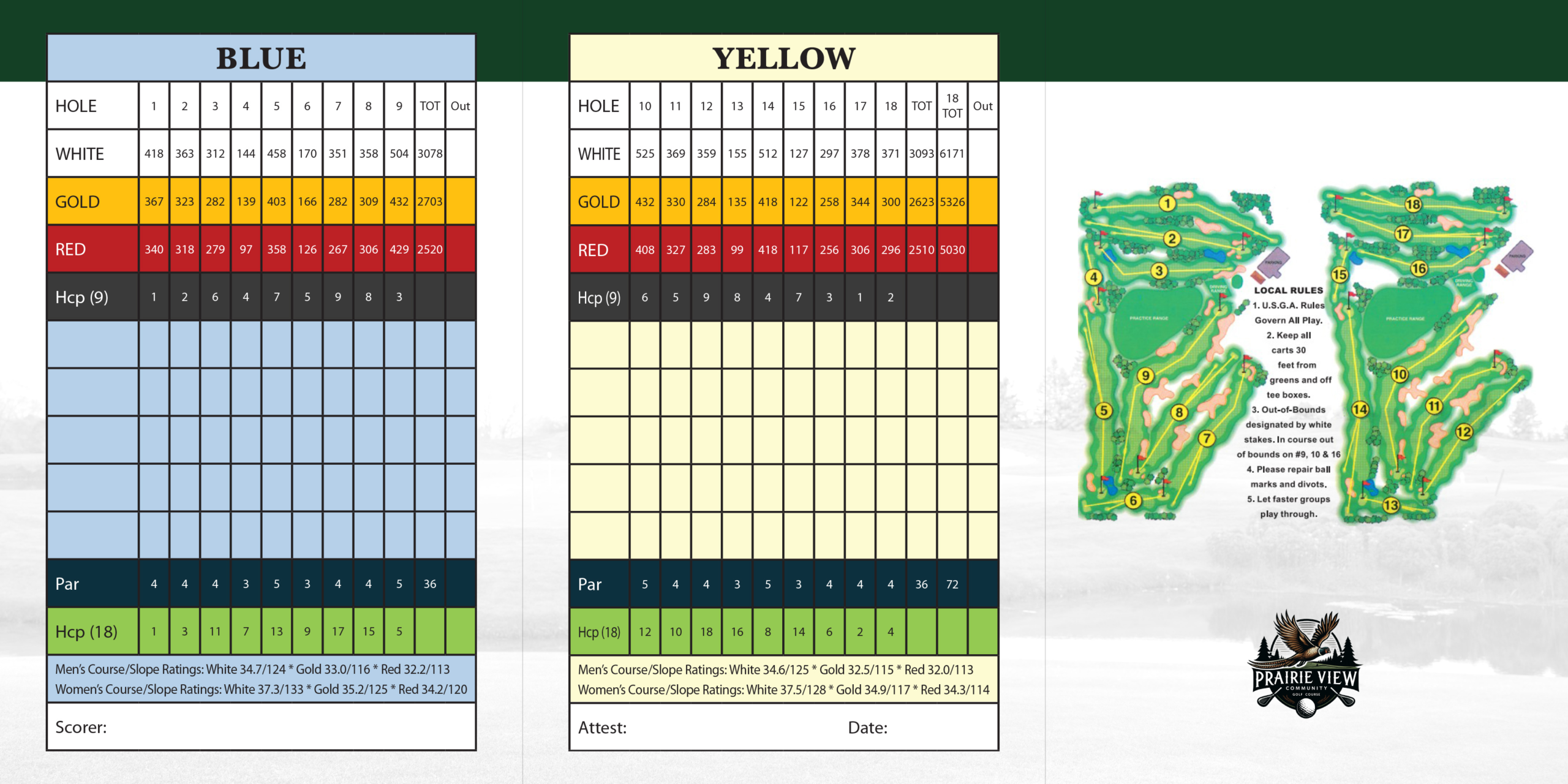 Prairie View Community Golf Course official scorecard and course map